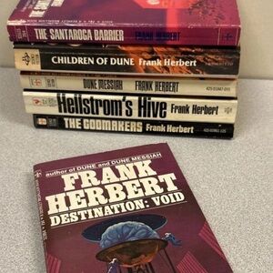 Frank Herbert Paperback Book Lot - Burgundy Cover Featured